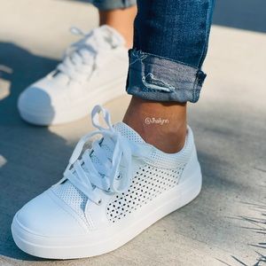 White vegan leather platform perforated lace up sneakers